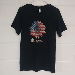 CANVAS AMERICA SUNFLOWER FLAG PATRIOTIC TEE SHIRT 100% COTTON